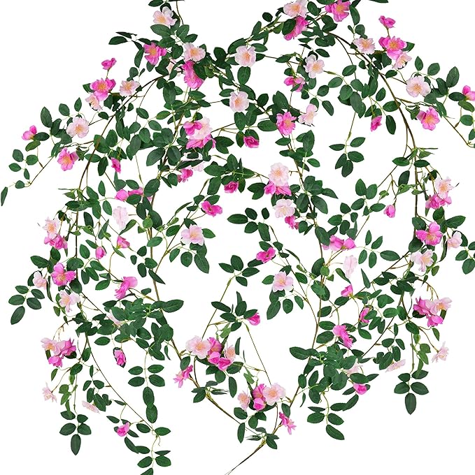 FiveSeasonStuff Fuchsia Pink Wild Rose Vine Garland, Two Faux Silk Floral Garlands with Greenery, Bendable Decorative Vines 12 ft Total