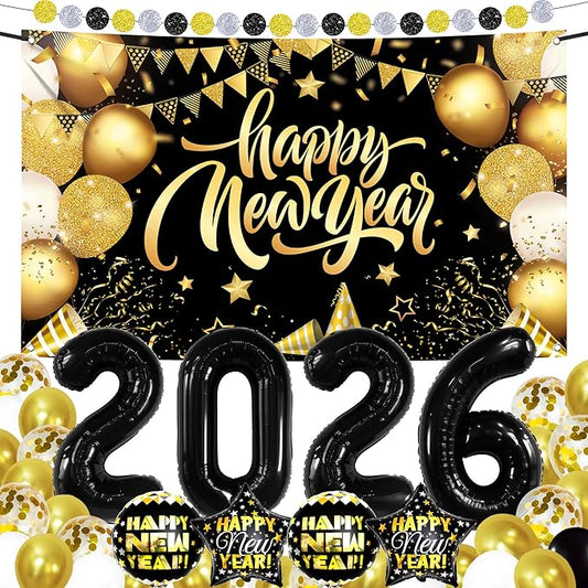 KatchOn, New Years Eve Party Supplies 2026 Set - Pack of 42 | Black and Gold New Year Banner | New Year Foil Balloons | New Years Eve Balloon Arch Kit | Nye Decorations 2026 | New Years Eve Party Kit