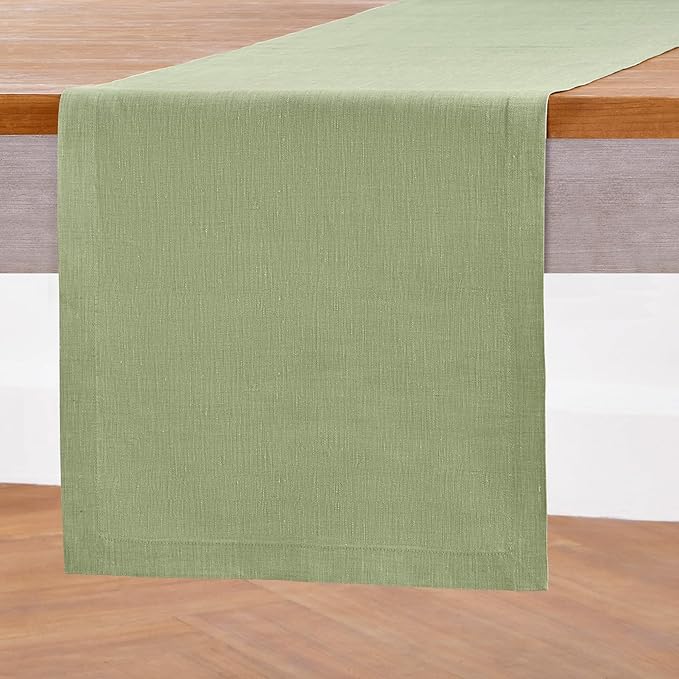 Solino Home Linen Table Runner 108 Inches Long - Athena, 100% Pure Linen Chambray Olive Table Runner 14 x 108 Inch for Dining, Spring, Summer
