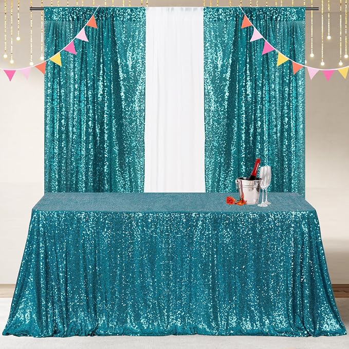 Poise3EHome Teal Sequin Tablecloth 50×80 Inch Rectangle Sparkly Fabric Table Cover Overlay for Baby Shower Birthday Party Wedding Christmas Holiday Decoration