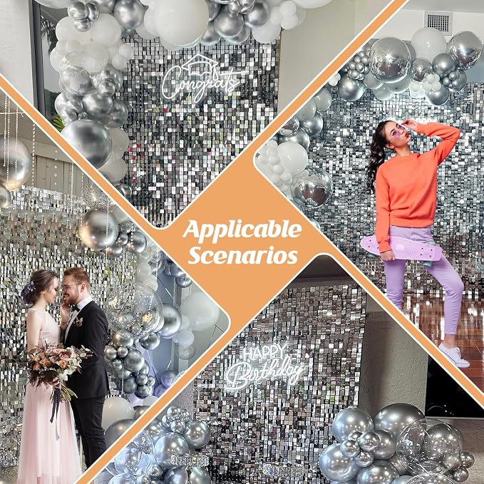 Silver Shimmer Wall Backdrop,Shiny Sequins,36Pcs Sequins Backdrop Panels,Glitter Bling Photo Background for Birthday Party Wedding Engagement Anniversary Graduation (Each 1FT², Total 36FT²)