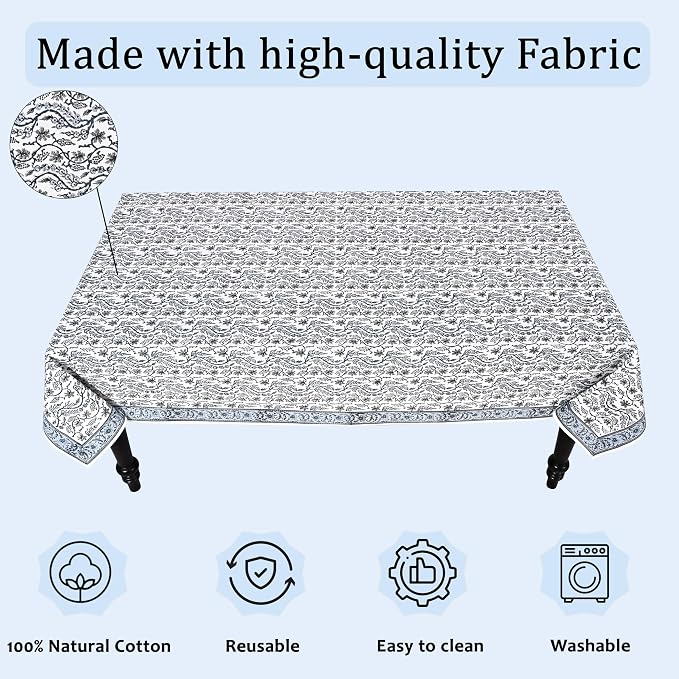 Ridhi Baby Blue Eyes Hand Block Print Cotton Rectangle Tablecloth 160" x 72" inches Reusable Table Cover Decorative Everyday Use for Dining Room, Farmhouse, Home Gift for Spring, Mother's Day
