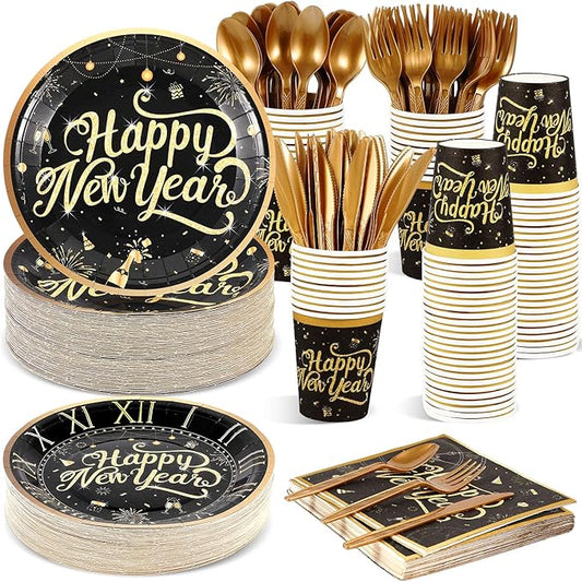 Zhehao 350 Pcs Happy New Year Party Supplies Tableware 2026 New Years Eve Dinnerware Set for 50 Guests Disposable Black Gold Paper Plates, Napkin, Cup, Knife, Fork and Spoon for Celebration(Clock)