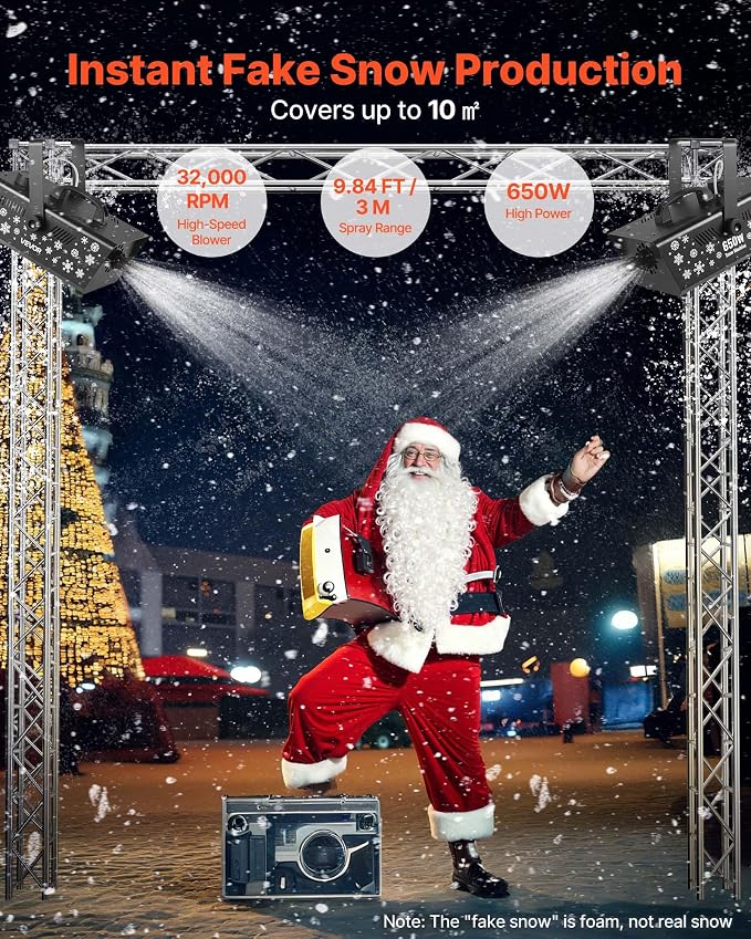 VEVOR Snow Machine, 650W Handheld/Hanging Fake Snow Maker, Snowmaking Machine with Portable Handle, Outdoor & Indoor Artificial Snowflake Maker for DJ Stage Parties Christmas Decor