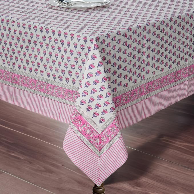 CPC Tablecloth 100% Cotton 72x190 Inch Indian Block Print Rectangle Table Cover, Pink Table Cloth for Weddings, Spring/Summer, Barbeque - Pink Sapphire