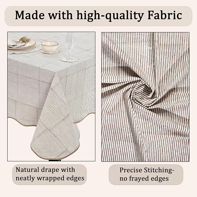 Ridhi Oatmeal Brown Stripe Block Print 60x90 Rectangle Tablecloth Table Cover for Dining Tables, Handcrafted Farmhouse Kitchen Decor, Washable, Decorative Tablecloths for Spring, Easter, Valentine