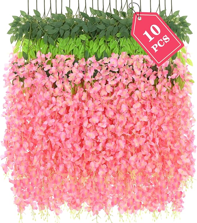 BLEUM CADE 10Pcs Deep Pink Fake Wisteria Hanging Flowers, 3.6Ft/Pcs Artificial Wisteria Garland, Hanging Flowers for Wedding Party Home Backdrop Wall Decoration