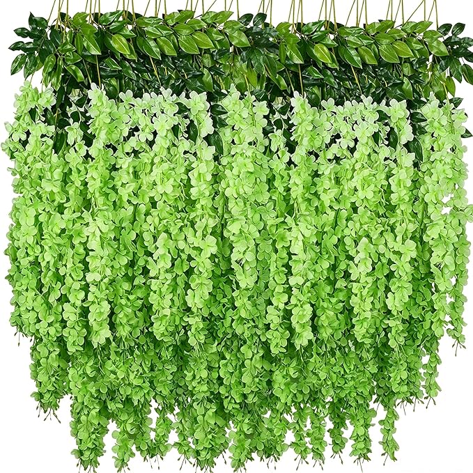 Artificial Wisteria Hanging Flowers Fake Wisteria Flower Garland Silk Vines Rattan Decor for Home Wedding Arch Wall Garden Greenery Bedroom Outdoor Office Party Decoration (48, Green)