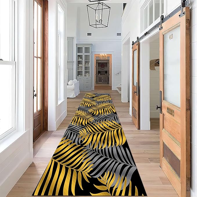 Tropical Palm Leaf Hallway Runner Rug, 3.3x7ft, Modern Yellow Gray Leaf Runner Rug for Hallway Kitchen, Non-Slip Breathable Washable Long Rug for Indoor Entrance Laundry Office Kitchen Floor Mat