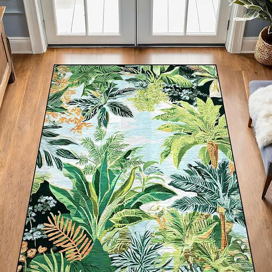 Jungle Area Rug 3' x 5' Tropical Leaf Carpet for Kids Bedroom Living Room Nursery Forest Plant Palm Tree Floor Mat Entrance Doormat Carpet Home Decor, Green