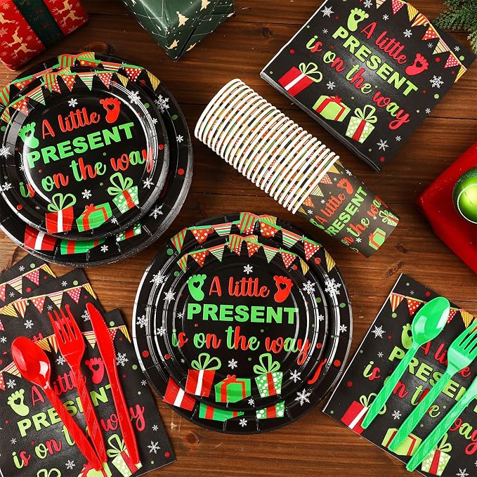 168 Pcs A Little Present Is on the Way Christmas Baby Shower Party Supplies Green Red Tableware Set Disposable Paper Plates Cups Utensils for Christmas Baby Shower Birthday Party serve 24