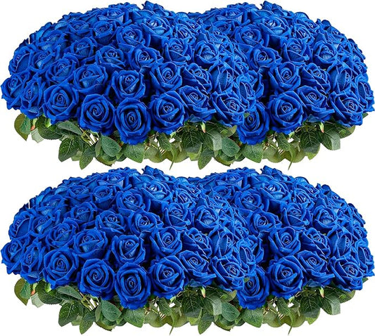 Auihiay 104PCS Blue Roses, Realistic Silk Velvet Blue Artificial Flowers, Lifelike Faux Roses for Bridal Bouquet, Home Decor, Valentine's Day, Wedding Centerpieces, Nautical Party