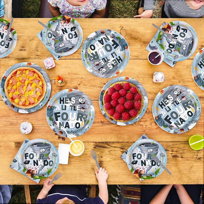 96Pcs Fournado Birthday Party Decorations 4th Birthday Boy Plates and Napkins Disposable He is a Little Four Nado Four Nado Tableware for Boys Kids 4 Year Old Party Supplies, Serves 24