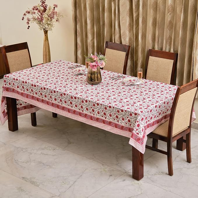 Ridhi Sangria Red Hand Block Print Cotton Rectangle Tablecloth 160" x 72" inches Reusable Table Cover Decorative Everyday Use for Dining Room, Farmhouse, Home Gift for Spring, Mother's Day