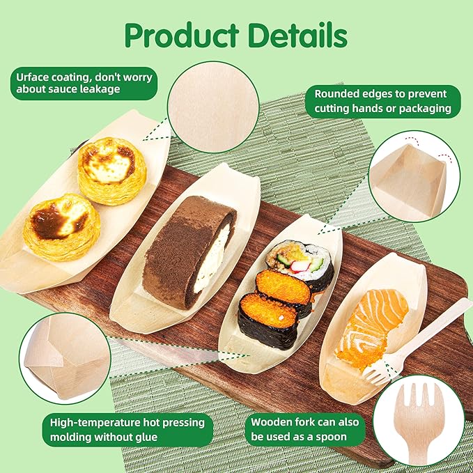 200-Pack Wooden Disposable Plates 6 IN Boat Plates Food Trays Disposable Dessert Plates Disposable Food Boats for Party Weddings Picnic (Actual Size Used: 3.39" D x 1.97" W x 0.63" H)