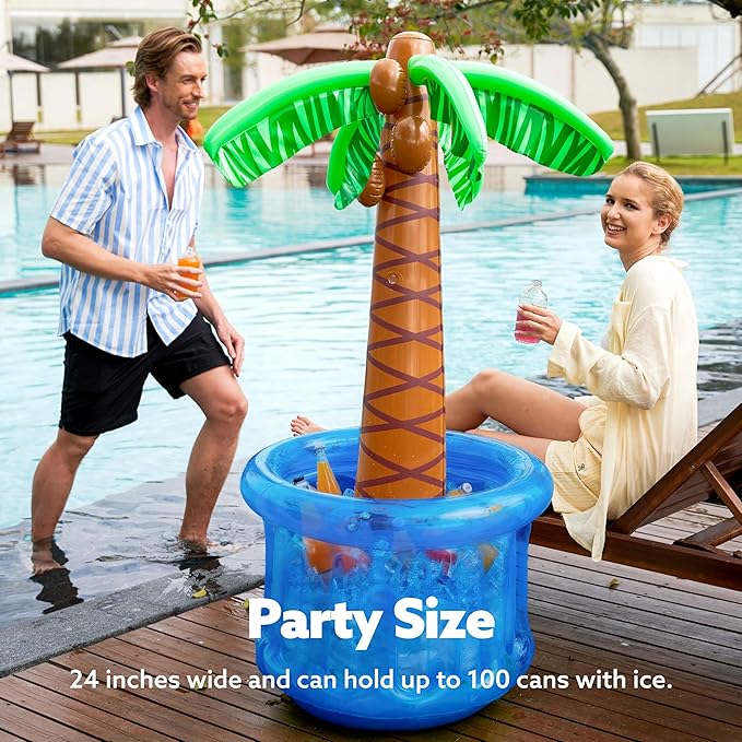 JOYIN 60" Inflatable Palm Tree Cooler, Beach Theme Decor, Pool Party Decorations, Luau Hawaiian Birthday Party Supplies, Summer Outdoor Drink Cooler (Blue)