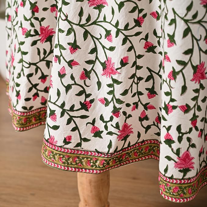 Hand Block Printed Tablecloth – Colorful Floral Print | 100% Cotton | Indian Artisan Handmade Art | Dining Room, Kitchen, Outdoor Décor, (Rosy Elegance, 108 Inches Round)