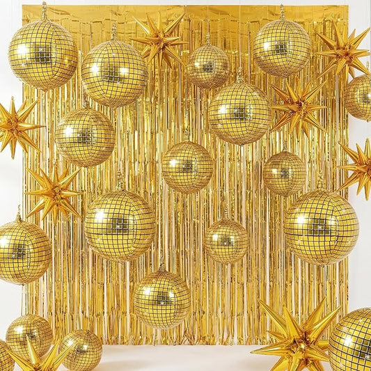 Seenelling 24 Pcs Gold Disco Party Decoration Sets 22'' 4d Ball Star Balloons Bright Metallic Tinsel Foil Fringe Curtains for Graduation Western Cowgirl Bride to Be Bachelorette