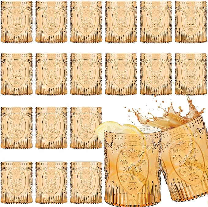 Qinyoung 24 Plastic Vintage Drinking Glasses 8.5oz Stemless Retro Embossed Wine Glasses Shatterproof Reusable Cups for Baby Shower Wedding Reception Grand Event Party (Yellow)