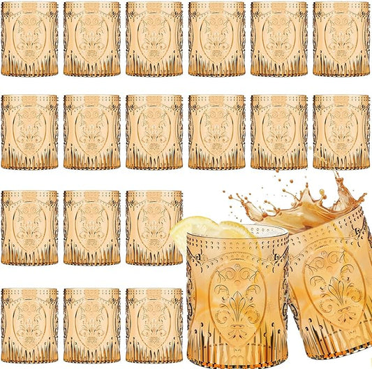 Qinyoung 24 Plastic Vintage Drinking Glasses 8.5oz Stemless Retro Embossed Wine Glasses Shatterproof Reusable Cups for Baby Shower Wedding Reception Grand Event Party (Yellow)
