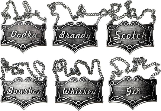 Vintage Liquor Decanter Tags, Set of 6, Black Silver, 2.44 x 1.72 inches, Adjustable Chain Labels for Whiskey, Bourbon, Scotch, Gin, Vodka, Brandy, Elegant Decanter Accessories