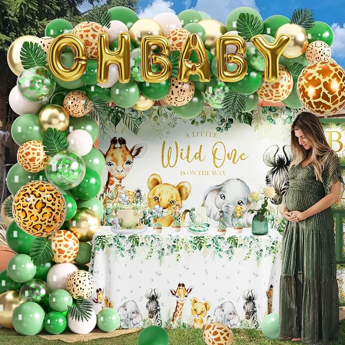 JOPHMO Safari Baby Shower Decorations for Boy - 116 Pcs Wild One Birthday Decorations Jungle Theme Baby Shower Decorations Boy with Balloon Arch Kit, Wild One Backdrop, Tablecloth and Baby Boxes