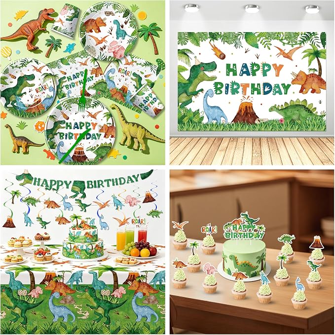 Dinosaur Birthday Decorations for Kids, Jungle Animal Dino Dinosaur Party Supplies for Birthday Baby Shower, Plate, Napkin, Cup, Banner, Tablecloth, Balloon, Swirl, Backdrop, Curtain, Serves 24
