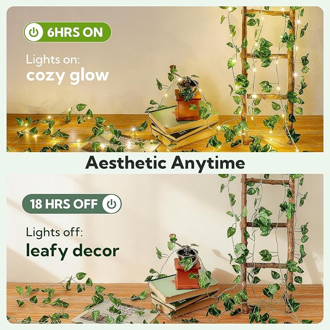 HEYFUNi 23ft Pre-Wrapped Pothos Vine with Fairy Lights USB Battery Operated | 73 LEDs Artificial Greenery Garland with Timer, Leaves Lights for Bedroom, Dorm Room, Wall Decor, Boho Room Decor, Warm White
