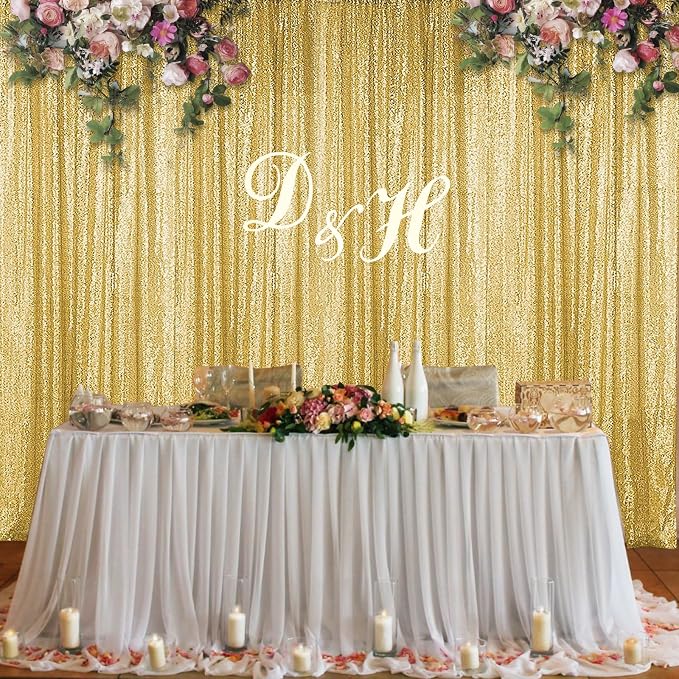 Sugargirl Gold Sequin Backdrop Curtain 4FTx8FT Glitter Gold Background Drapes Sparkle Photography Backdrop for Party Wedding Birthday Wall Decoration(2 Panels)