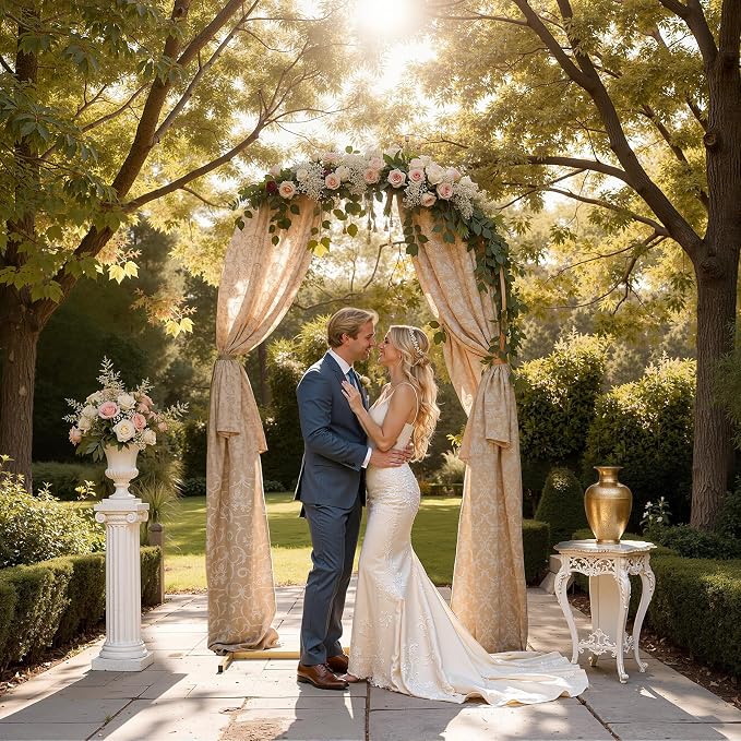 7.2FT Metal Arch Backdrop Stand and Cover Set, Gold Arch Stand with Cover, Easy to Assemble, Pretty Wedding Arch for Birthday Party, Wedding Ceremony and Baby Shower