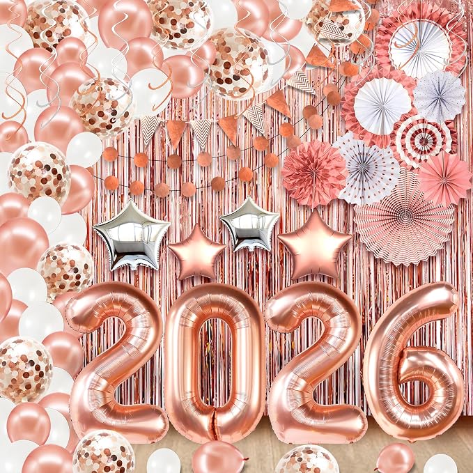 KatchOn, Rose Gold Birthday Decorations Set - Huge Pack of 145 | Rose Gold Fringe Backdrop, Balloons, Garland for Birthday Decorations, Graduation Decorations 2026 | Graduation Eve Party Supplies