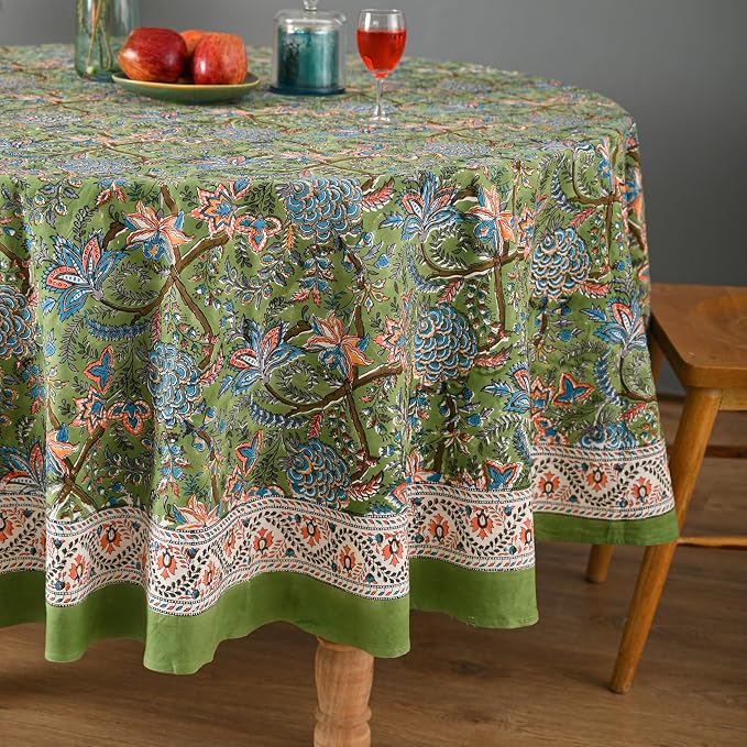 Hand Block Printed Tablecloth – Colorful Floral Print | 100% Cotton | Indian Artisan Handmade Art | Dining Room, Kitchen, Outdoor Décor, (Forest Ash Elegance, 6 Seater 72 Inches Round)