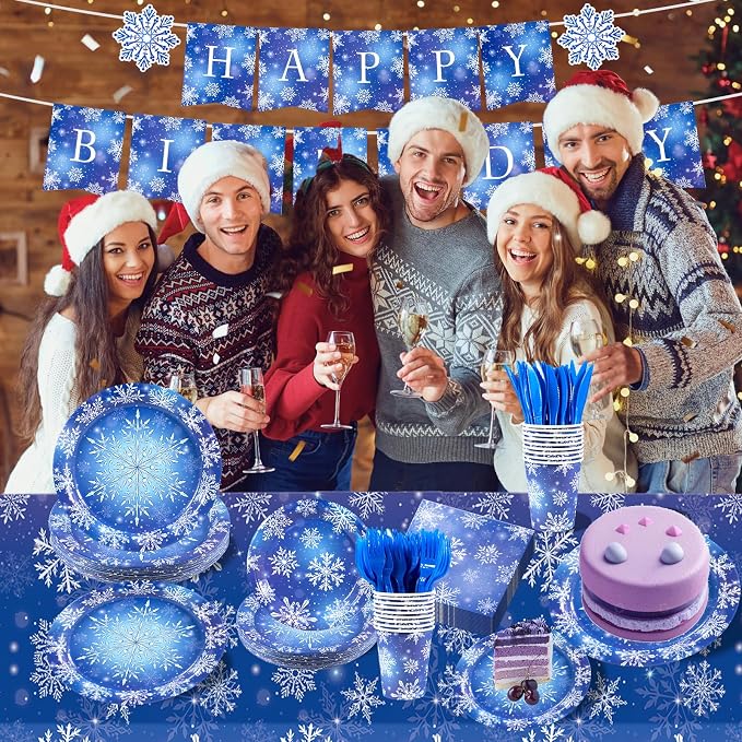 182PCS Winter Snowflake Frozen Birthday Party Supplies,Frozen Plates and Napkins Sets,for Christmas Winter Wonderland Party Supplies Table Decor, Serves 30