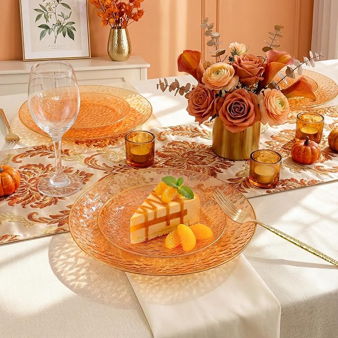 I00000 150Pcs Clear Orange Plastic Plates with Gold Rim,Orange Disposable Plastic Plates,Gold hammer patterned Disposable plates Set include 30 Dinner Plate,30 Dessert Plate,90 Silverware Set