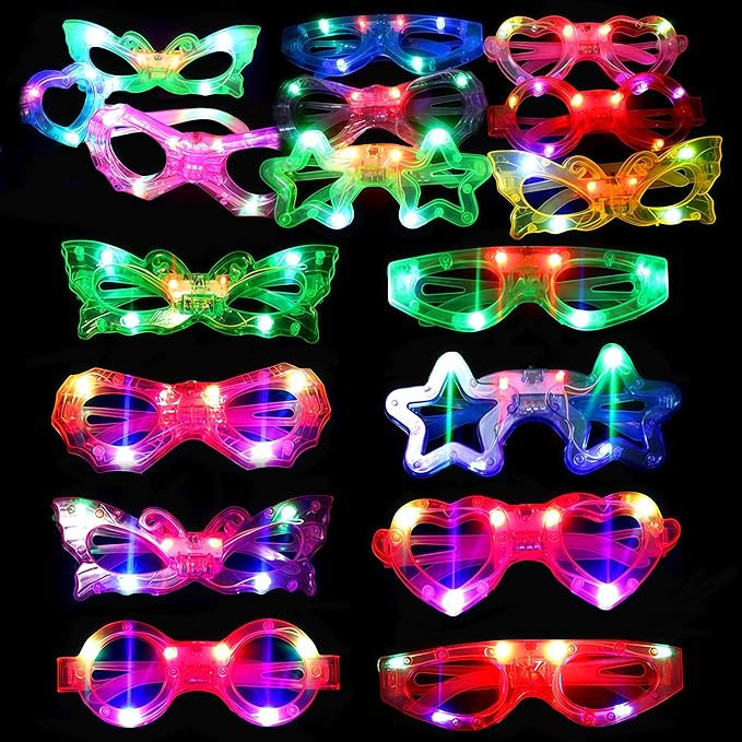 24 Packs LED Glasses for kids Glow in the dark Party Supplies ,6 LED 6 Shapes Light up Party Glasses Flashing Glow Party Favor Toys Bulk for Kids Adults Birthday Party Favor Halloween Holiday