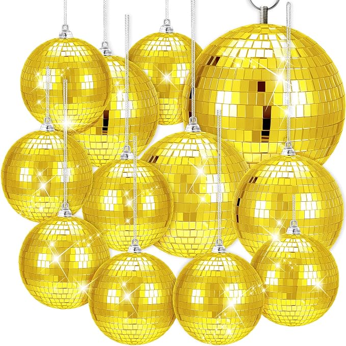WILLBOND 12 Pack Disco Ball Party Decorations Hanging Mirror Balls Fun Retro Dj Lighting Effect Stage Props Game Accessories, 5.91", 3.94", 3.15", 2.36"(Gold)