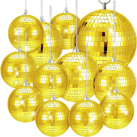 WILLBOND 12 Pack Disco Ball Party Decorations Hanging Mirror Balls Fun Retro Dj Lighting Effect Stage Props Game Accessories, 5.91", 3.94", 3.15", 2.36"(Gold)
