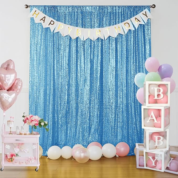 Sugargirl Blue Sequin Backdrop Curtain 4FTx8FT Glitter Blue Background Drapes Sparkle Photography Backdrop for Party Wedding Birthday Wall Decoration(2 Panels)