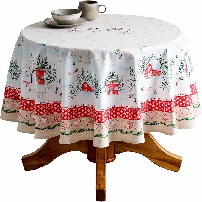 Maison d' Hermine Table Cloth Round Table 100% Cotton 63 Inches Fall Tablecloth Reusable Everyday Use for Thanksgiving Christmas Decorations Dining Farmhouse Party (Rural Christmas)