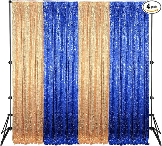 4 Panels 2 x 8 ft Blue and Gold Sequin Backdrop Curtain Glitter Backdrop Curtain for Congrats Grad Graduation Party Decorations Birthday Wedding Background Anniversary Photography