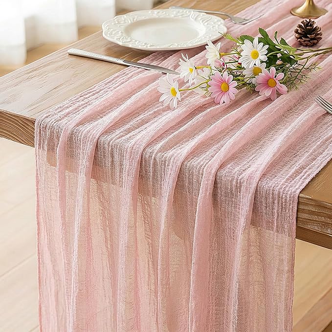 FEXIA Pink Table Runner 30x118 Inches for Spring Easter Decor Dusty Pink Cheesecloth Table Runner for Tea Party Decorations Gauze for Wedding Baby Shower Bridal Shower First Communion and Home Decor