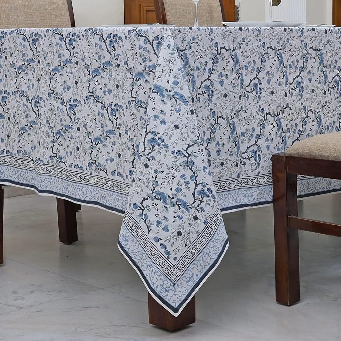 Ridhi Spruce Carolina Blue Hand Block Print Cotton Rectangle Tablecloth 108" x 70" inches Reusable Table Cover Decorative Everyday Use for Dining Room, Farmhouse, Home Gift for Spring, Mother's Day