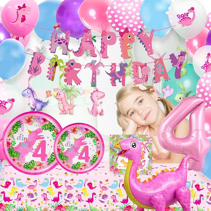 Dinosaur 4th Birthday Decorations for Girls,Roar Im Four Birthday Decoration，Roar Im 4 Pink Dinosaur Party Decor Supplies include Backdrop, Banner, Plates