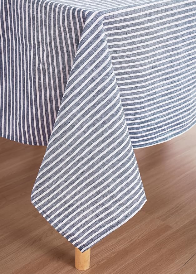 100% French Flax Linen Tablecloths Rectangle 108Lx60W Inch for Dinners, Parties, Easter, Halloween, Camping, Stone Washed, Textured, Machine Washable, 8-10 Sets (60''x108'', Blue Stripe)