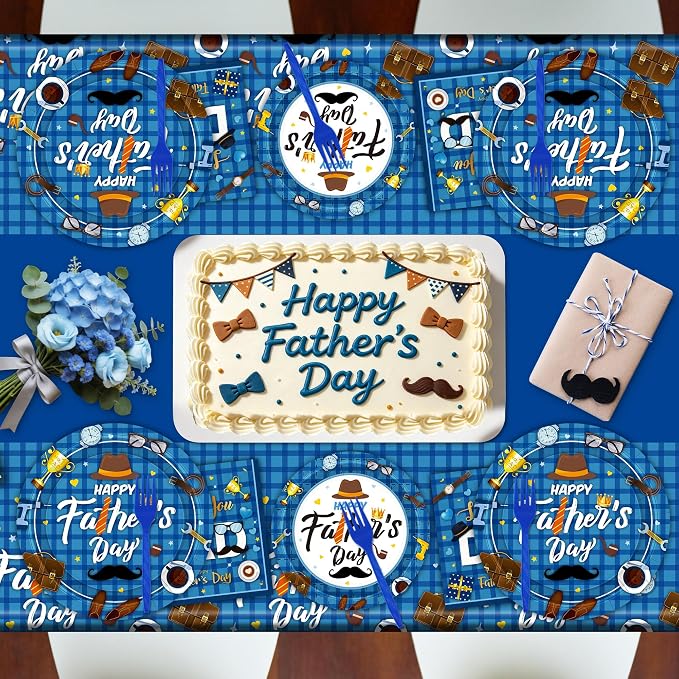 122Pcs Fathers Day Decorations, 30 Sets Paper Father's Day Plates and Napkins, Disposable 9" and 7" Happy Father Party Decorations, Rectangle Love You Dad Dinnerware for Family Dinner Dad Celebrations
