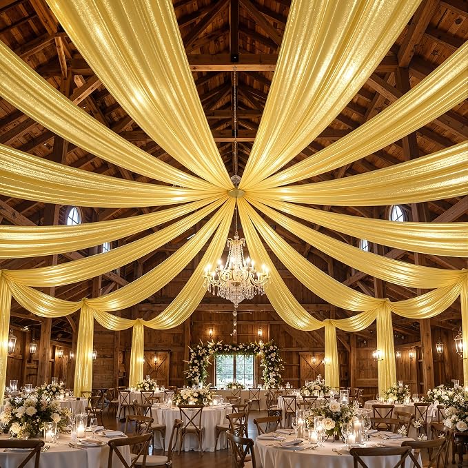 4 Panels 5x20ft Gold Ceiling Drapes for Wedding Parties, Wrinkle Free Thick Polyester 20ft Extra Long Wedding Draping Arch Drapery for Birthday Party Canopy Tent Decor