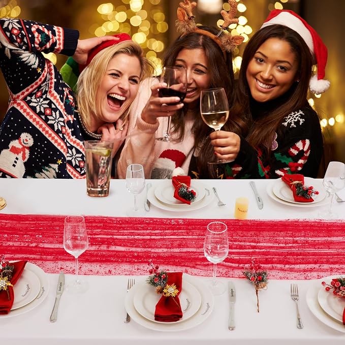 Snowkingdom 6 Pcs Red Glitter Table Runner 10 FT, Sheer Chiffon Sparkle Gauze Cheesecloth Mesh Runners 120 Inch, Red Table Centerpieces Decoration for Birthday Party Wedding Christmas Mothers Day