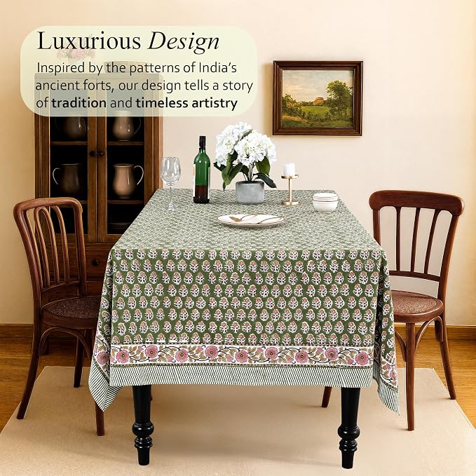 CPC Tablecloth 100% Cotton 72x140 Inch Indian Block Print Easter Rectangle Table Cover, Table Cloth for Weddings, Parties- Jade Green 12-Seater