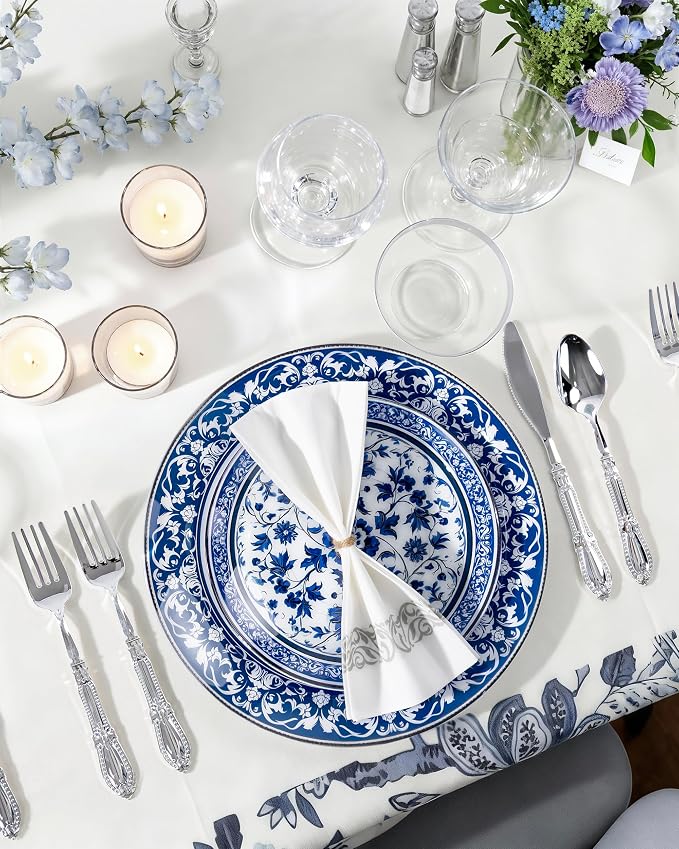 Hioasis 60pcs Blue Plastic Plates Set - Floral Blue & White Porcelain Design, 10.25" Dinner & 7.5" Dessert Plates Disposable for 4th ofJuly & Wedding (Dishwasher Safe, Art Style)