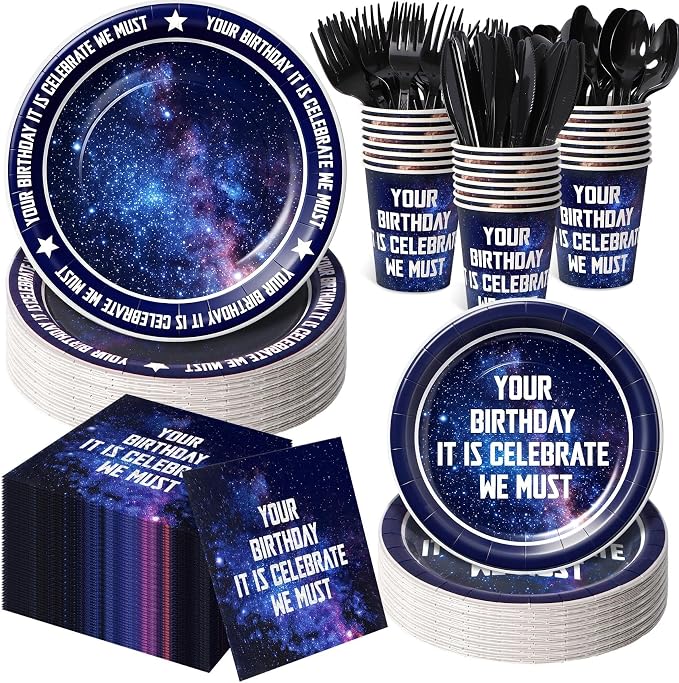 Space Theme Party Supplies 168PCS- Star Galaxy Birthday Decorations Set Includes 9” & 7” Dinnerware Paper Dessert Dinner Plates, Napkins, Cups & Cutlery, Serves 24